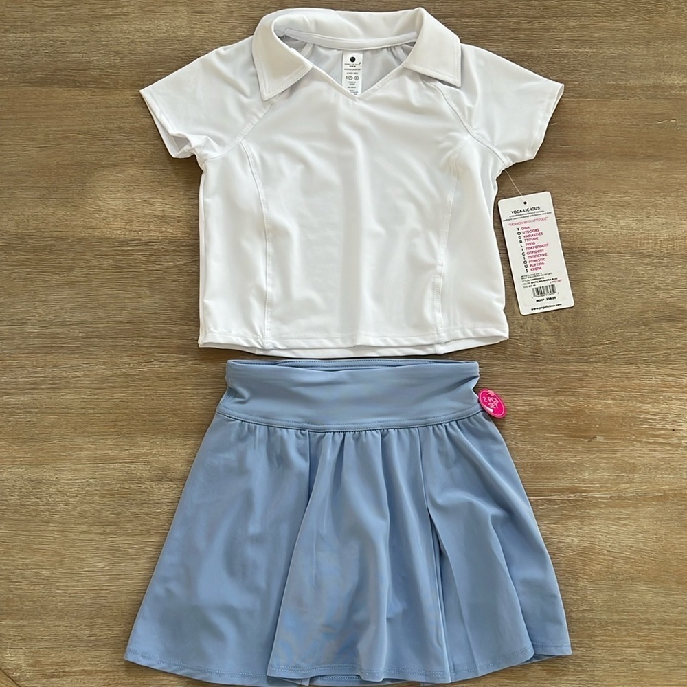 Yogalicious Girl 2 Piece Activewear Set Polo T Shirt Pleated Skort Shorts 7-8